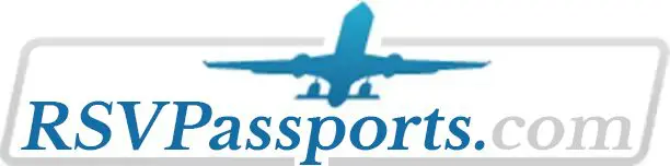 A blue airplane is flying over the word passport.